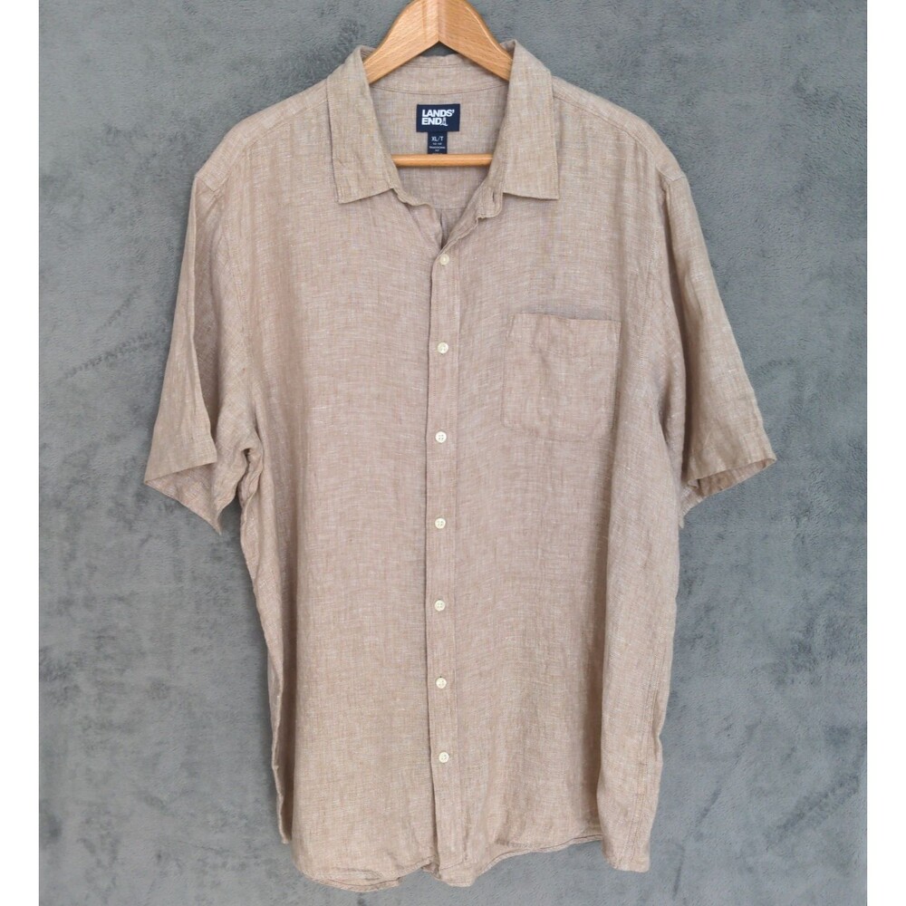 Lands End 100% Linen Short Sleeve Button Up Shirt Men's XL Tall Khaki Minimalist
